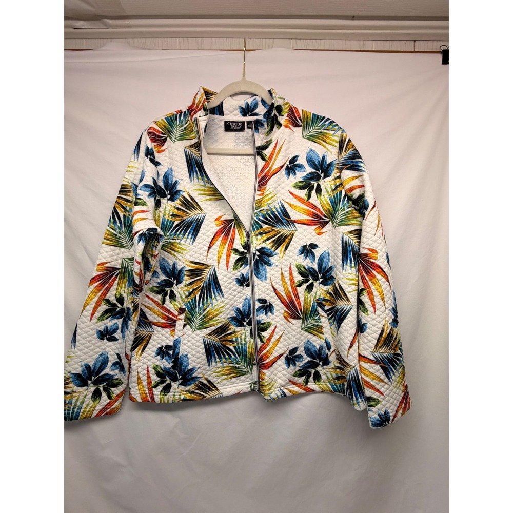 Onque Casual Womens Large Quilted Tropical Palm Leaf Zip Up Jacket White Multi